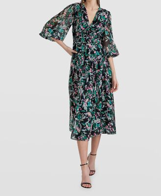 $595 Shoshanna Women's Black Silk Floral Smocked Self Tie A-Line Dress Size  6 | eBay