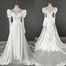 Vintage Mid Century White Ivory Wedding Dresses Satin Court Train Bridal Gowns