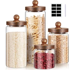 Glass Storage Jars Set of 4, Clear Food Storage Containers with Wooden Lids A...