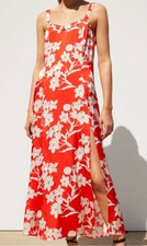 ZARA Women's Red White Floral Satin Midi Dress Leg Slit Sleeveless Size Small