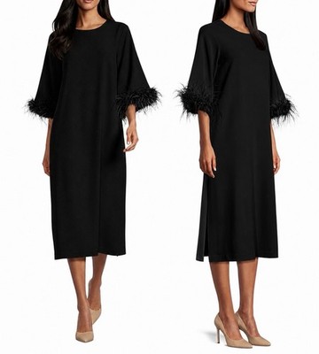 Preston & York Black Solid Shift Midi Dress Round Neck 3/4 Feather Zip 14