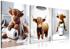 Funny Highland Cow Wall Art Set of 3, Rustic Farmhouse Bathroom Cow Pictures ...