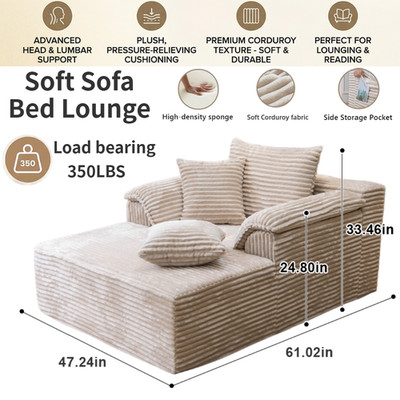 61'' Oversized Boneless Chaise Lounge Sofa Bed Sleeper Chair Corduroy Cloud Couch