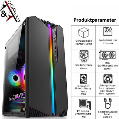 Midi Tower PC Glas Gaming Micro-ATX Mini-ITX Gamer Gehäuse Case USB 3.0 Star