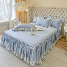 100%Cotton Bed Skirt Plain Bedspread Skin-friendly Lace Bedsheet (No Pillowcase)