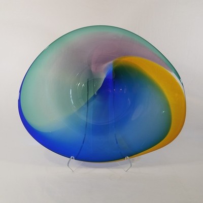 Engebretson Art Glass Display Console Bowl LARGE 22x18'' SIGNED Acrylic Stand