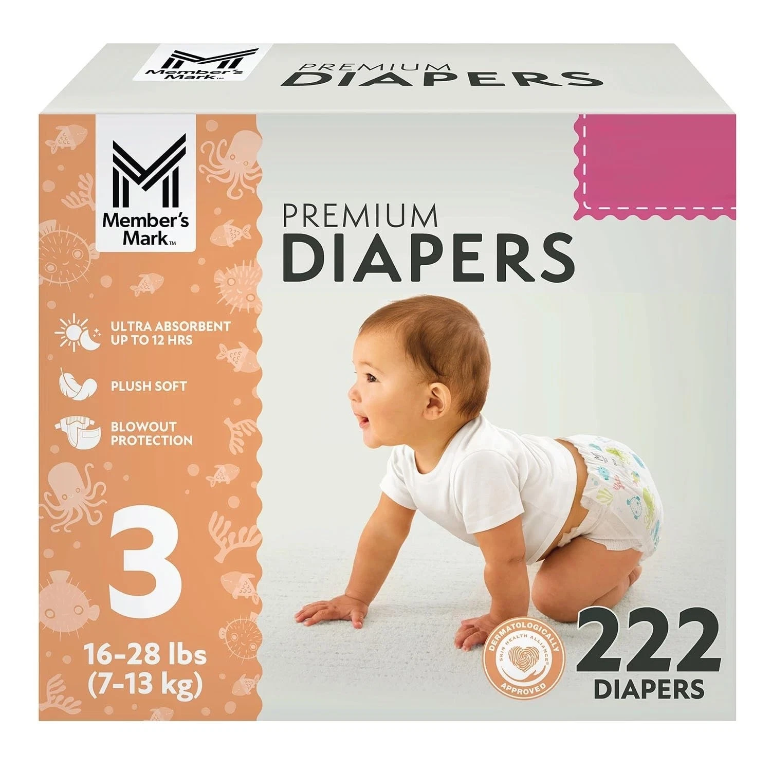 Member's Mark Premium Baby Diapers, Size 3 (16-28 Pounds), 222 Count