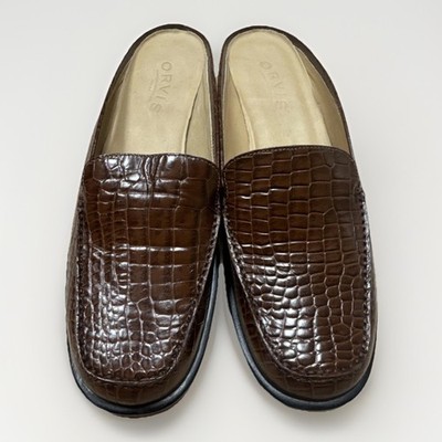 Orvis Womens Brown Croc Embossed Leather Loafers Size 9B Slip On Comfort