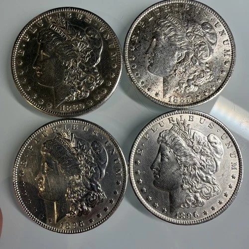 1880 S, 85 O, 2-96 P DOLLARS! 4 Coins! AU/UNC Cleaned/light Scratch Morgans!