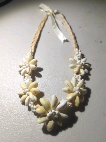 Cowrie Flower Braided Sea Grass Necklace Handmade Sea Shell-Vintage