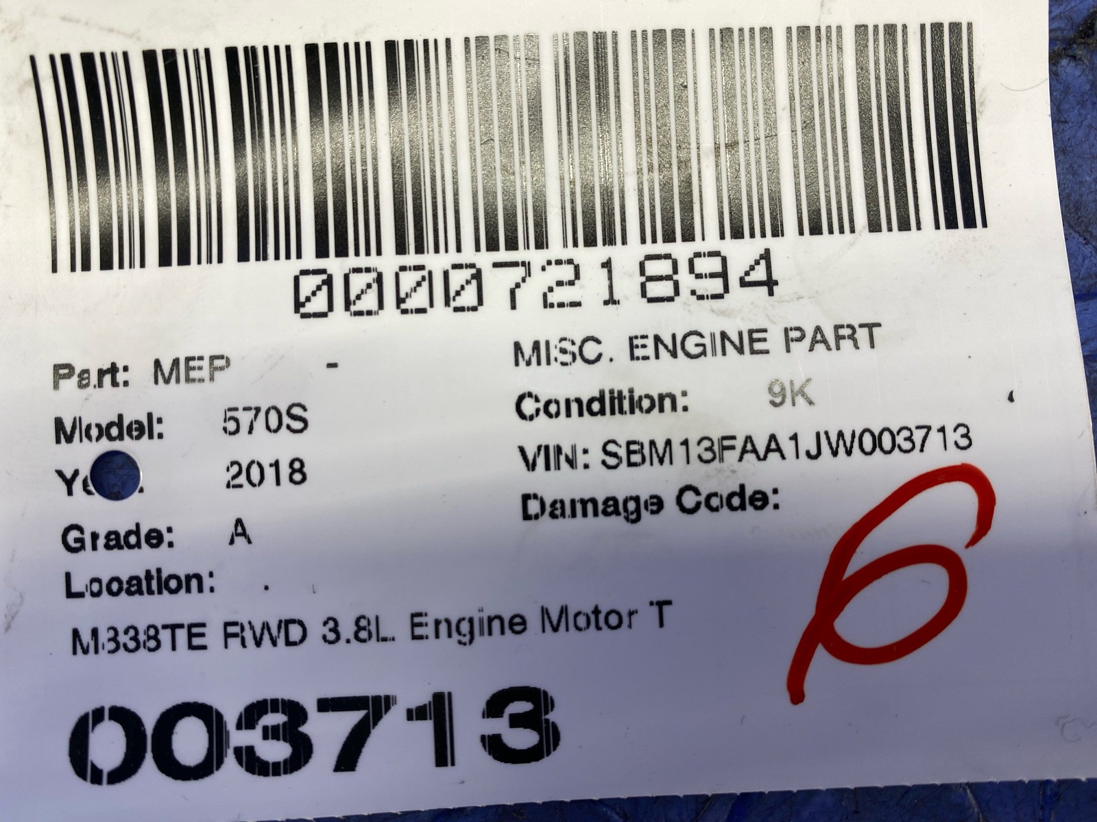 2016-2021 Mclaren 570s M838TE RWD 3.8L Engine Motor Turbo Oil Hose Connector