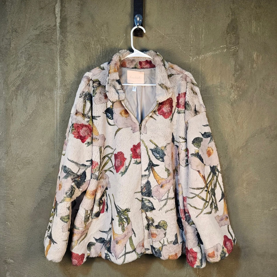Anthropologie Hutch 3X Florita Teddy Bear Faux Fur Floral Zip Up Jacket Bomber - Image 2 of 4