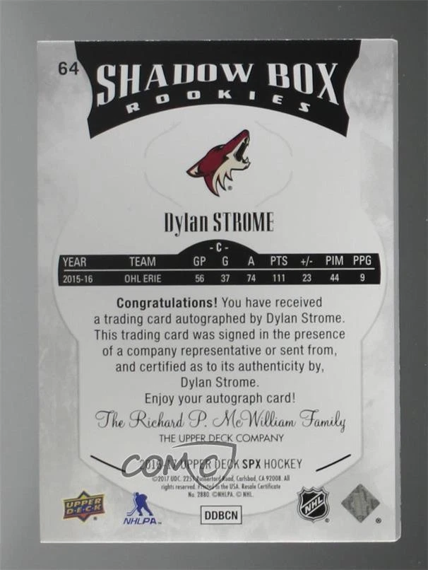 2016-17 SPx Shadow Box Rookies Blue Auto /199 Dylan Strome #64 Rookie Auto RC - Image 2 of 2