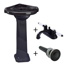 Corner Pedestal Sink Black Ceramic Space Saving with 4" Black Faucet and Drain