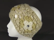 Beige Khaki White crochet wide ear warmer muff head band wrap knit stretch