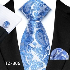 Classic Paisley Blue Silver Jacquard Silk Men's Tie Necktie Hanky Cufflink Set