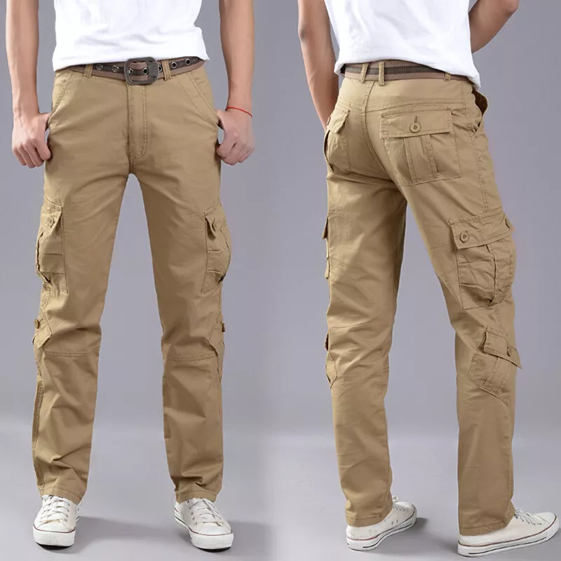 Men Cargo Combat Pants Slim Work Trousers Bottoms Side Pocket Casual