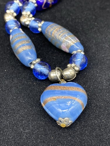 Art Glass Blue Beads Necklace Heart Pendant - Picture 3 of 8
