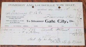 1895 Pomeroy and Louisville Tow Boat Receipt Ashland Kentucky Steamer Gate City