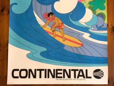 Continental Airlines Hawaii Peter Max 1970's Real Original Surfer