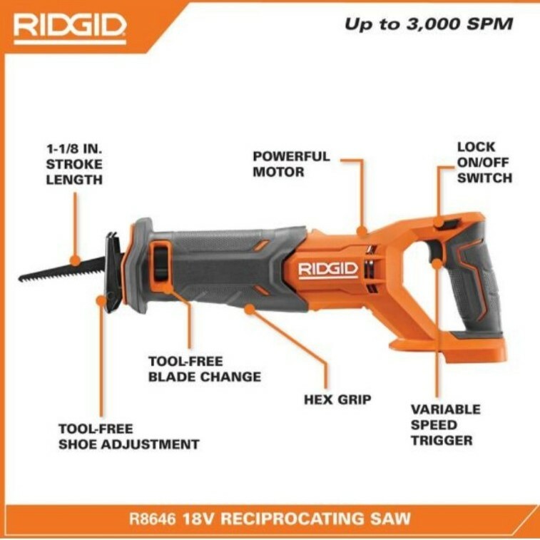 RIDGID R8646 18-Volt Cordless Reciprocating Saw Tool-Only Blade Wood Cutting
