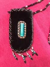 Southwest Inspired Black Velvet beaded pouch w/ ceramic stone, bead work, fringe