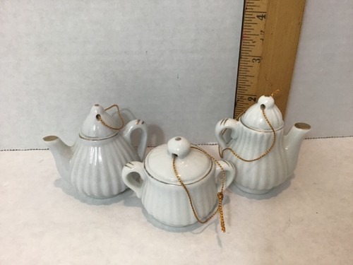 Ribbed White Teapot and Sugar Ornaments 3 Ceramic Gold Accents 2" - Picture 3 of 4