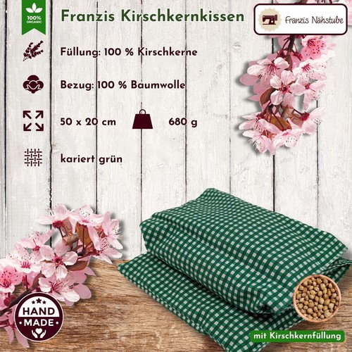 Kirschkernkissen I 50x20cm I kariert grün I 100% Baumwolle I Körnerkissen I Schm - Picture 2 of 5