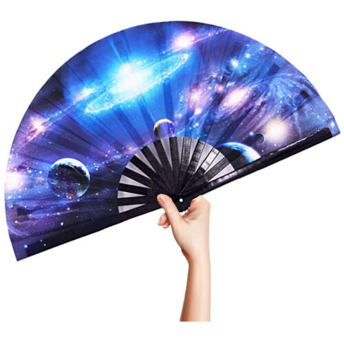 Blue & Purple ~~ Planets ~~ Large Rave Fabric Hand Fan Folding Clack Cooling Fan - Picture 1 of 3