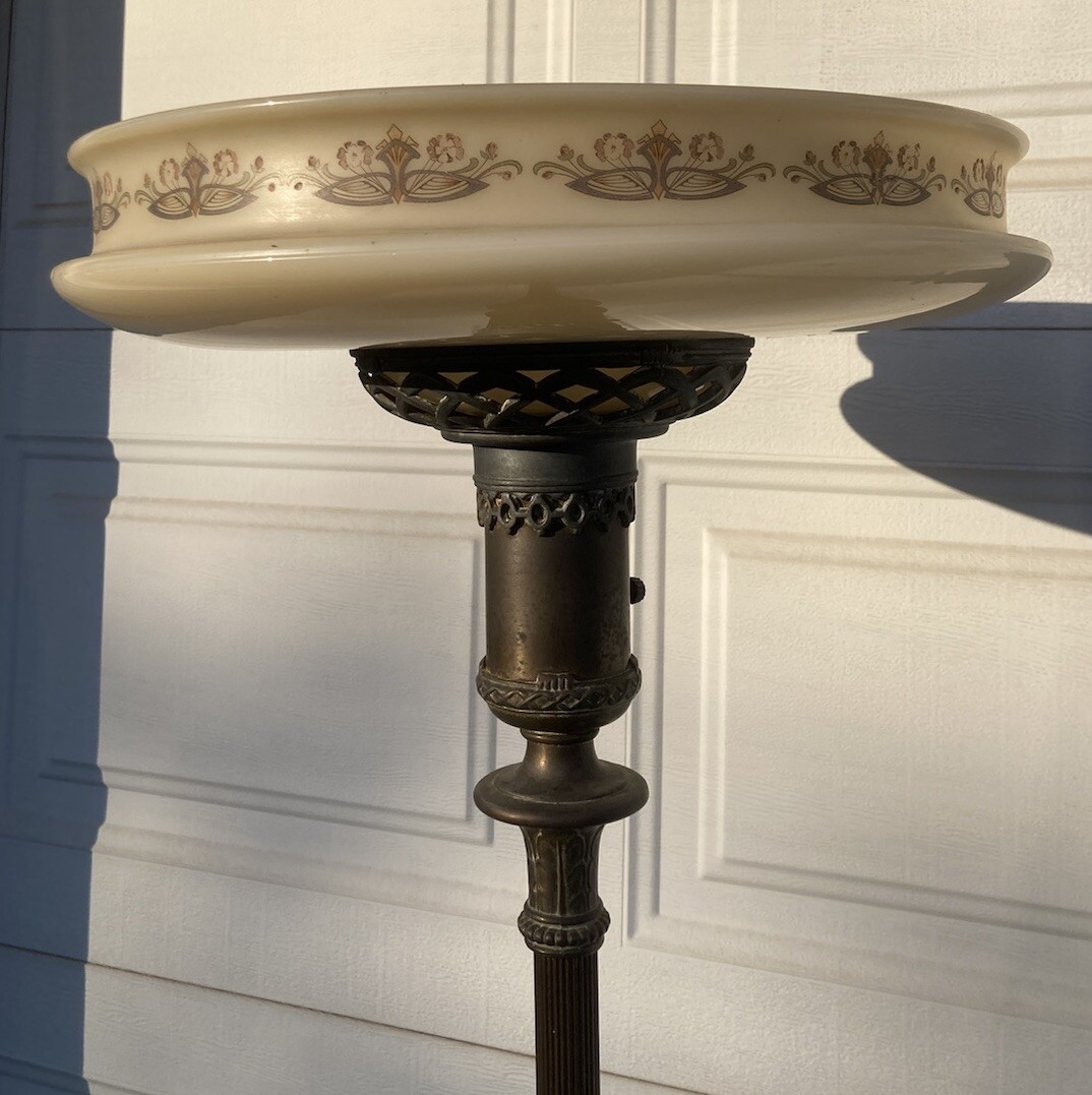 Vintage Art Deco Torchiere Floor Lamp Gothic Glass Shade