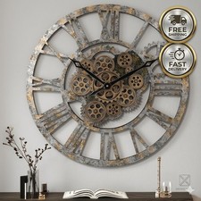 Oversized 23 Inch Wooden Wall Clock with Moving Gears - Vintage Industrial Fa...
