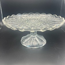 Vintage Indiana Glass Pedestal Cake Stand With Scalloped Edge  Intricate Design
