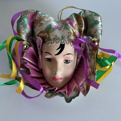 Vintage Venetian Style Jester Mask Wall Decor Harlequin w Bells & Ribbons Boxed 