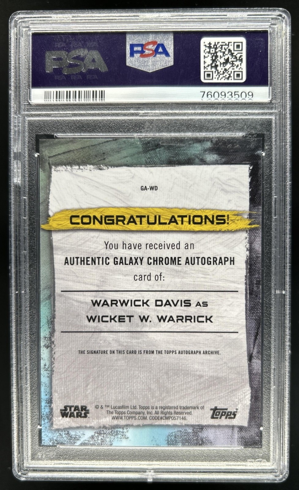 2022 Topps Star Wars Galaxy Warwick Davis Auto SuperFractor Wicket #1/1 PSA 10 view 2
