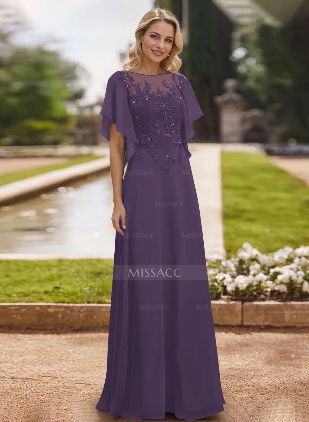 Elegant Plus Mother of Bride Dresses O Neck Appliques Chiffon Wedding Party Gown