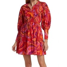 Farm Rio Womens Mini Dress Red Orange Floral Long Sleeve V Neck Tie Waist Casual
