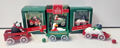 3 HALLMARK KEEPSAKE GOOSE CART NOSTALGIC LAMB COUNTRY CAT 1989 1990