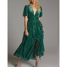 Anthropologie Puff Sleeve Velvet Burnout Maxi Dress Emerald Green Pockets Size 0