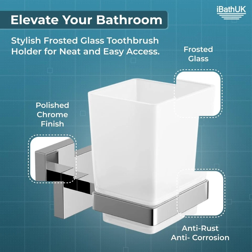 Toothbrush Holder Wall Mount Tumbler Square Modern Chrome Bathroom Accessory UK - Image 4 of 4