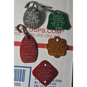Vintage Dog Rabies Vaccination Tags Fulton County Illinois Lot of 5 1958 - 2003