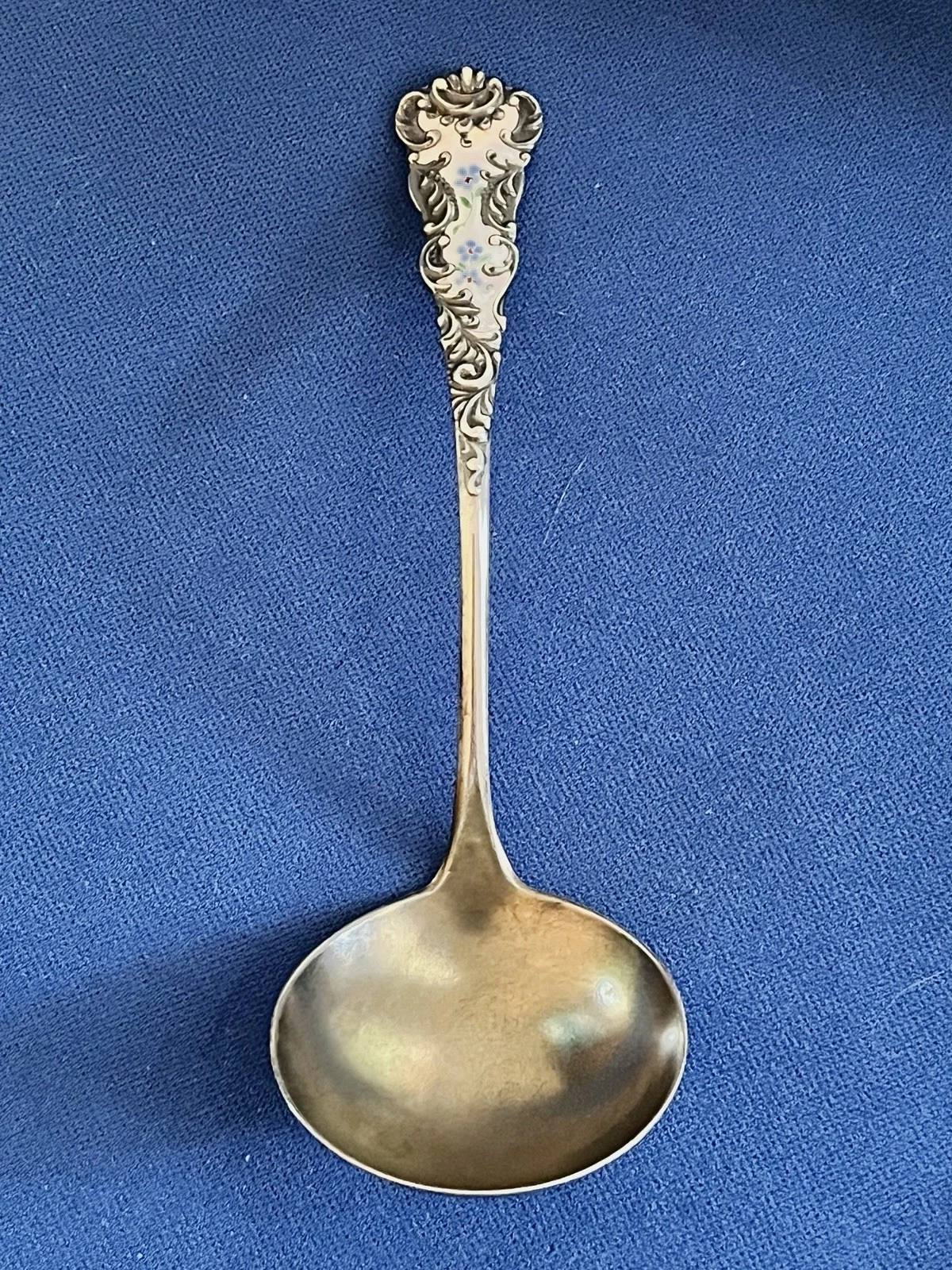 Art Nouveau Sterling Silver Floral Enamel Gold Wash Bowl Ladle 5" Forget Me Not?