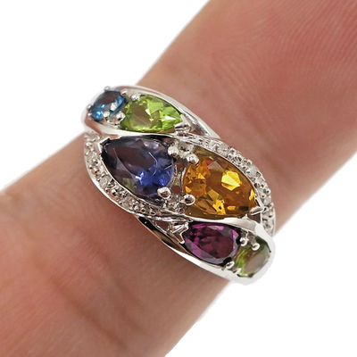 #ad 14k Solid White Gold Natural Multi Colored Stone and Diamond Cluster Ring Sz 7 $537.00