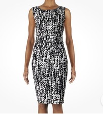 Nine West 10613930 Black/White Print Ruched Waist Stretch Jersey Sheath Dress 16