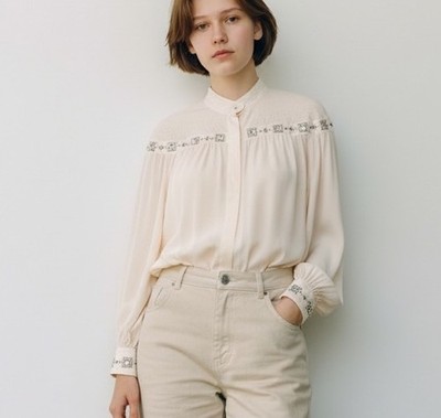 Vintage Joseph Ho Silk 6 M Lambswool Rhinestone Billowy Sleeve Blouse Cream