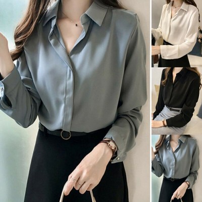 Einfarbig Chiffon Hemd Hemdbluse Langarm Tshirt T-Shirts Oberteil für Damen