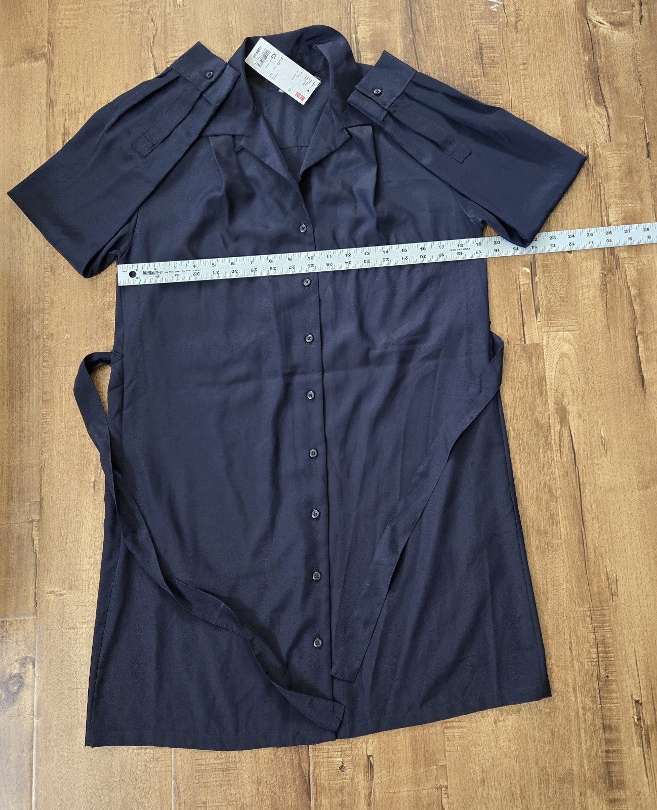 NWT Uniqlo Shirt Dress Women XS Navy Blue Button Front L/S Belt Tie Collar Knee thumbnail 3