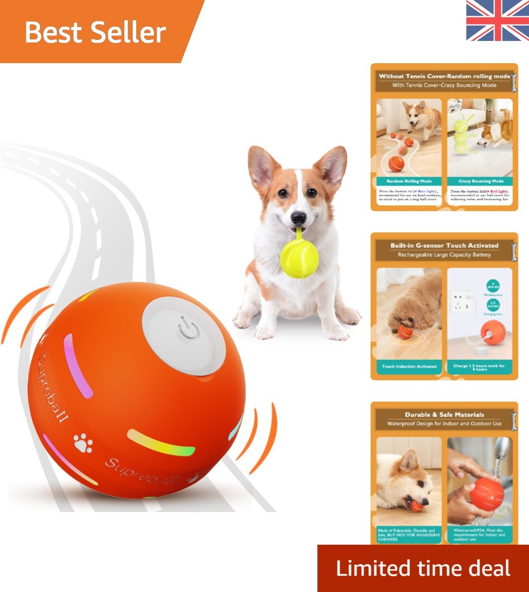 USB Rechargeable Motion Activated Interactive Ball Toy for Dogs and Cats
