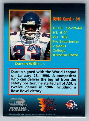 1992 AAA SPORTS WORLD LEAGUE WILD CARD # 31 Darren Willis - Ohio