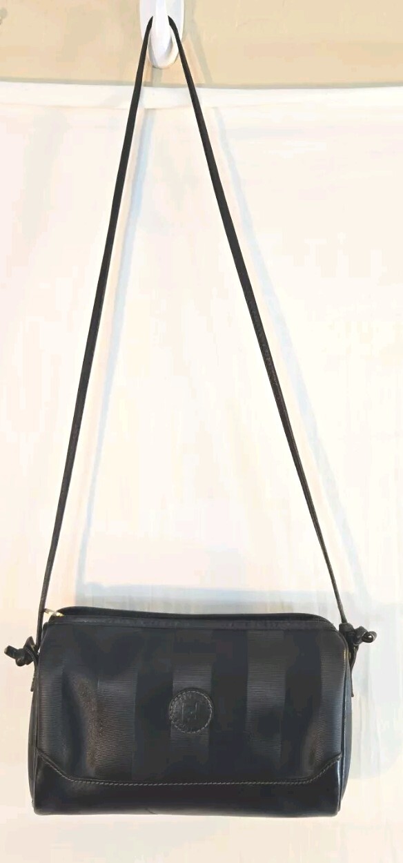 Vintage Fendi Black Pequin Striped Leather Shoulder Bag