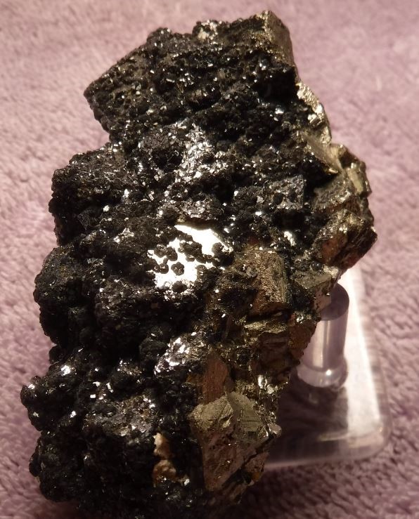 Pyrite coated w/Galena & Sphalerite crystals Huanzala Mine Peru.  Small Cabinet